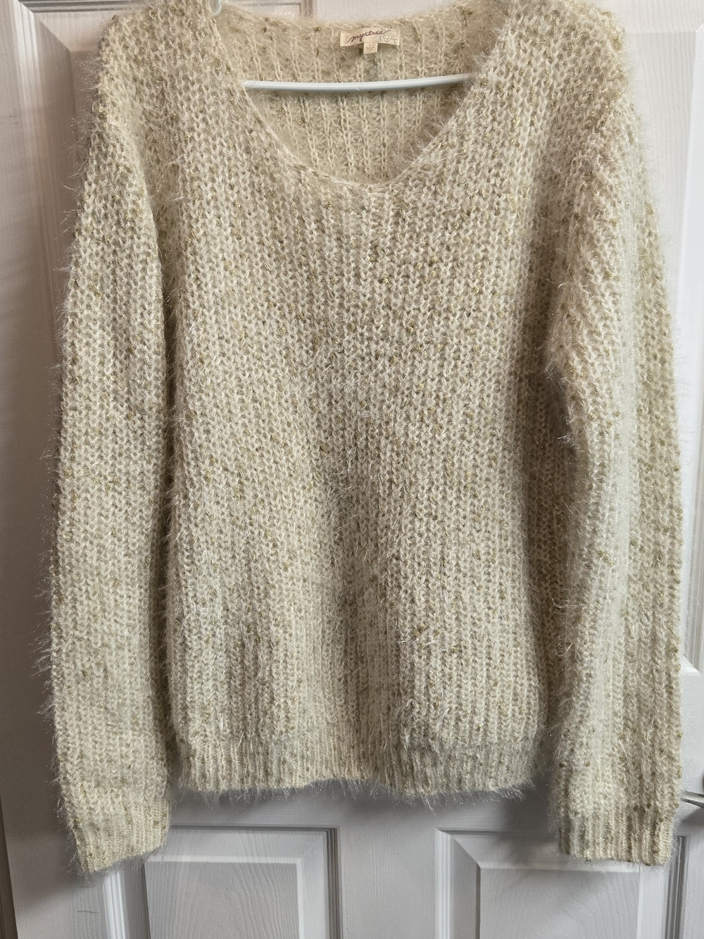 ANGL Cream Fuzzy Scoop Neck Sweater